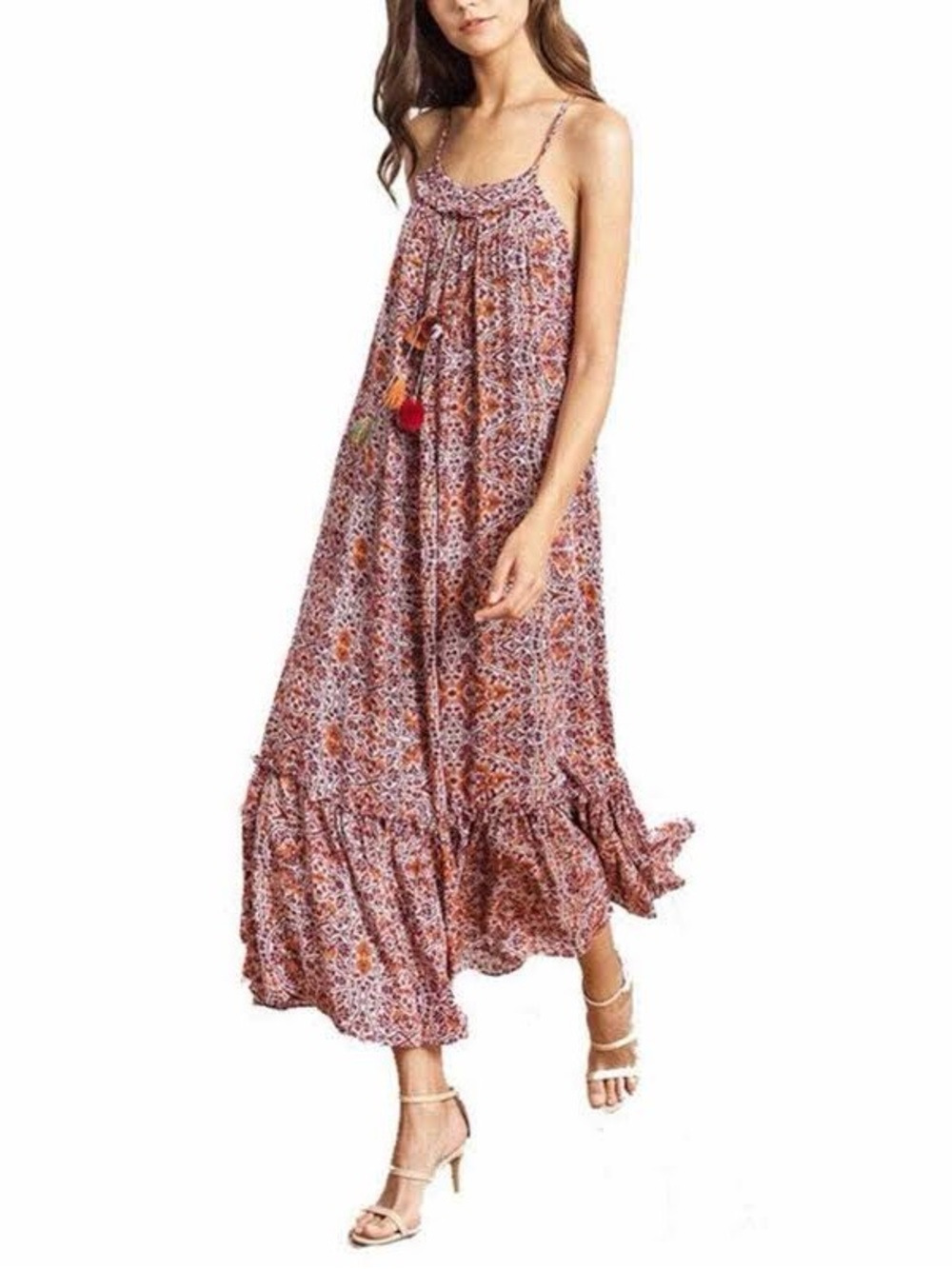 MISA Los Angeles Thale Maxi Floral Dress Autumn Paisley Pink Rust Wine XS Ruffle